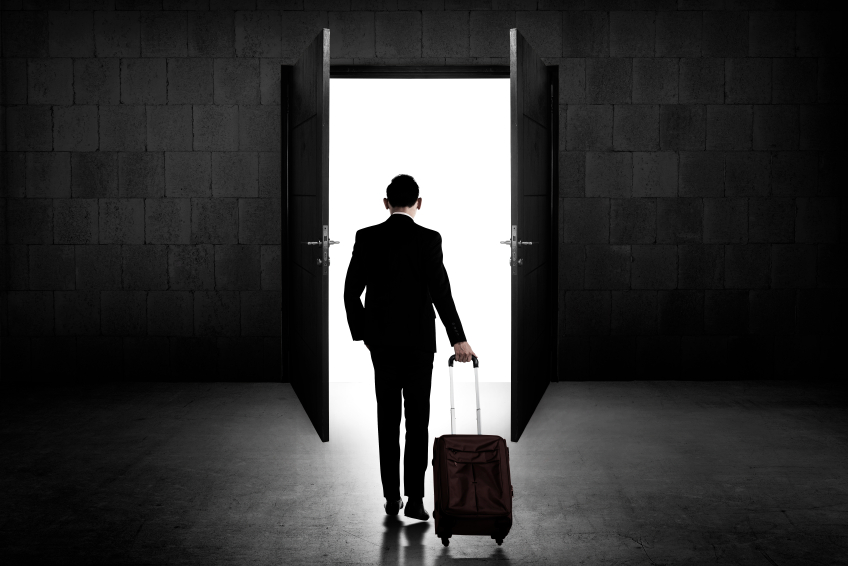 Back view of business man standing toward door. Career opportunity concept
