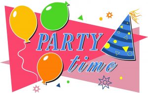 Image is an illustration of two banners, some balloons, and a party hat with the words Party Time.