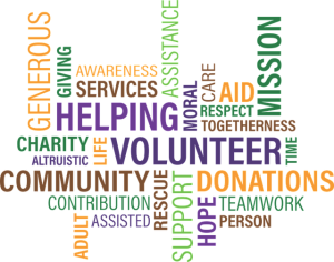 Image is of a word cloud with the words helping, volunteering, community, and donations as the focus.