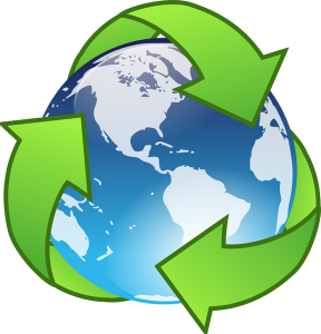 Image is of a cartoon earth with green recycle arrows flowing around it.