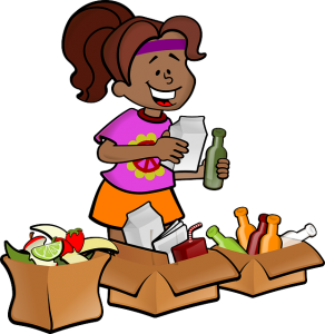 Image is of a cartoon woman separating recycling.