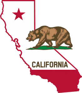Image is of the state of California with symbols of the California state flag superimposed on top.