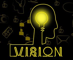 Image is of the outline of a head with a lightbulb inside of it and the word vision.