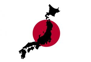 Image is of the outline of the country of Japan imposed over the Japanese flag.
