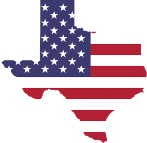 Image is an illustration of the state of Texas with the United States Stars and Stripes inside it.
