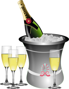 Image is a colored illustration of champagne on ice and four full glasses.