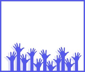 Image is of illustrated raised hands in the color blue against a white background.