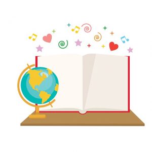Image is a drawing of a globe next to an open book with hearts, music, and symbols floating overhead.