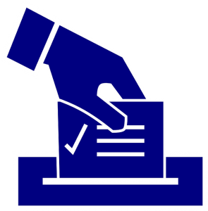 Image is an illustration of a hand putting a ballot into a box.