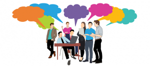 Image is an illustration of a group of people gathered together with thought bubbles over their heads.