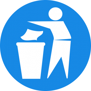 Image is an illustration of a man throwing something away against a blue background.