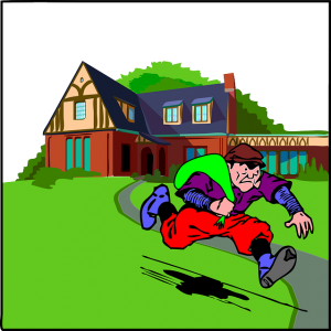 Image is a cartoon of a burglar running away from a home with a bag of stolen items.