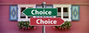 Image is of one green sign and one red sign, pointing in different directions, which say "choice" on them.