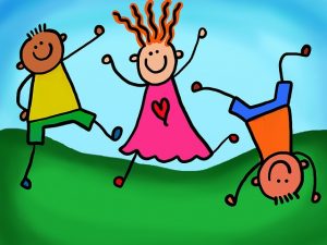 Image is a cartoon of three stick figure kids playing on the grass.