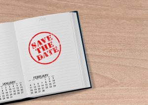 Image is a calendar planner open to February with the words "save the date" circled in red.