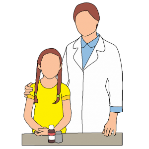 Image is an illustration of a girl standing next to a doctor.