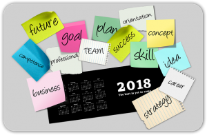 Image is a 2018 desk calendar with sticky notes around it with words like "goal" "future" and "concept" around it.
