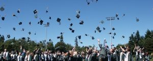 Image is of high school graduates throwing their hats in the air at an outside graduation ceremony.