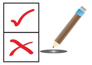 Image is a check mark and a x next to a pencil, representing voting.