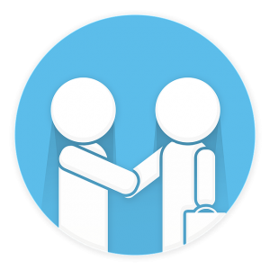Image is an outline of two people shaking hands inside a blue circle.