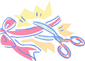 Cartoon illustration of scissors cutting a ribbon.