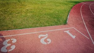 Image is a close up of a running track in track and field.
