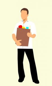 Image is an illustration of a man holding a bag of food.