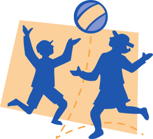 Image is an illustration of two kids in blue playing with a ball against a light orange background.