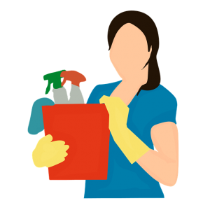 Image is an illustration of a woman holding a bucket full of cleaning supplies.