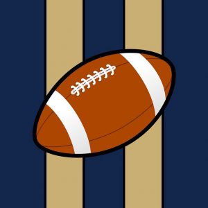 Image is a cartoon football against a blue and gold striped background.
