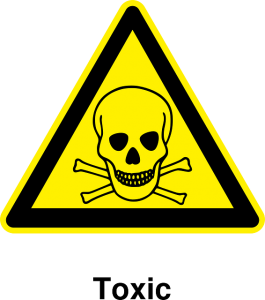 Image is a yellow 'toxic' caution sign with a skull and crossbones on it.