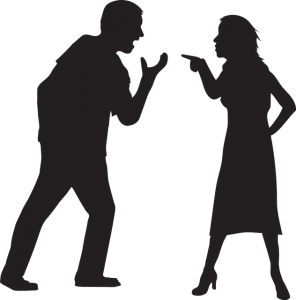 Image is of a man and woman arguing in silhouette.