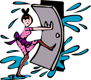 Image is an illustration of a woman holding a door closed against a flood.