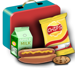 Image is a drawing of a lunch box with milk, chips, a hot dog, and cookie.