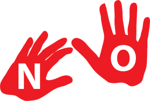 Image is two red hands with the letters n and o written in white on each one.