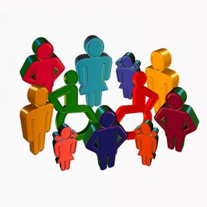 Image is a group of colorful stick people surrounding two in wheelchairs.