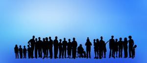 Image is a group of people, including some with disabilities, silhouetted against a blue background.