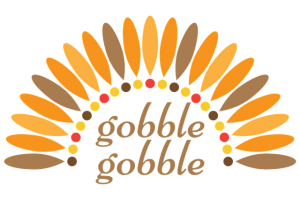 Image is a drawing of turkey feathers with the words gobble gobble under them.