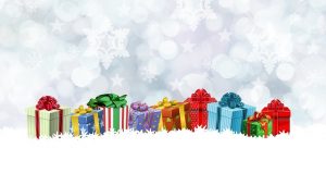 Image is a line of brightly decorated presents against a snowflake background.