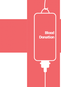 Image is an illustration of a blood bag with the words "Blood donation" written in side of it.
