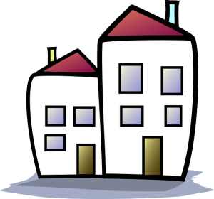 Image is an illustration of two townhouses attached together.