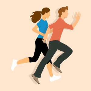 Image is an illustration of a man and woman running.