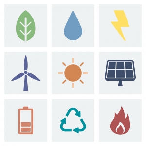 Image is a group of symbols representing alternative energy sources.
