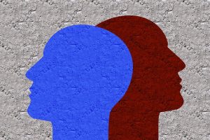Image is two heads, one in blue and one in red, facing away from each other.