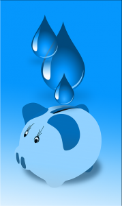 Image is an illustration of water being placed into a piggy bank.