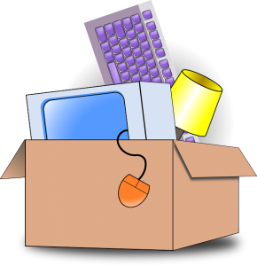 Image is a cartoon of a moving box full of different household items like a computer and lamp.