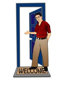 Image is a drawing of a man opening a door while standing on a welcome mat and inviting someone inside.