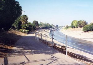 Image is a picture of the Ballona Creek in Los Angeles county.