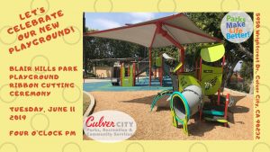 Image is a flyer for the Blair Hills Park Playground Ribbon Cutting Ceremony.