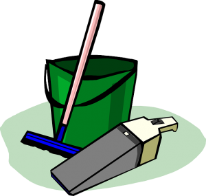 Image is a cartoon bucket, mop, and dust buster.